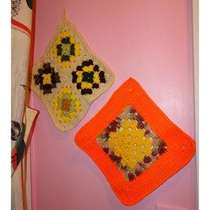 Vintage Two Large Orange & Yellow 1970's Pot Holders hot pads hand crocheted